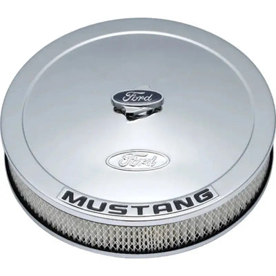 Chrome Ford Mustang air cleaner kit with Mustang emblem for boosted airflow