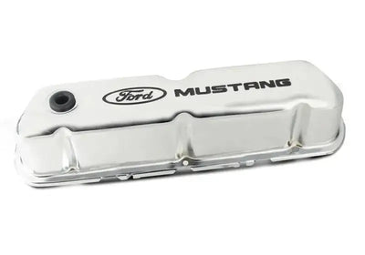 Ford Racing Mustang Logo Stamped Steel Chrome Valve Covers - Engine Components