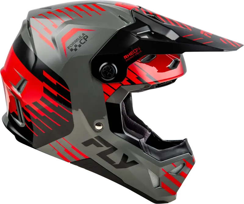 Gray and red motocross helmet with impact energy cells for maximum protection