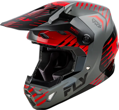 Gray and red motocross helmet with impact energy cells for better impact energy absorption