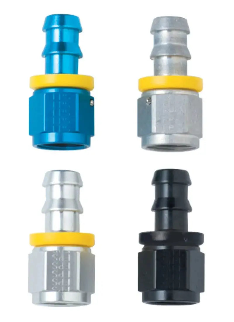 Four black Fragola -6AN Push-Lite hose fittings with barbed ends for fluid transfer