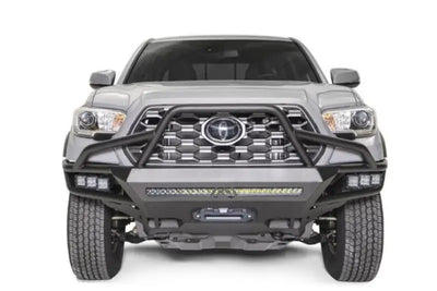 Front view of a 2017 Ford F250-350 featuring the Fab Fours FS17-A4150-1 winch bumper with a black and gray finish, highlighting its rugged design and superior front-end protection.