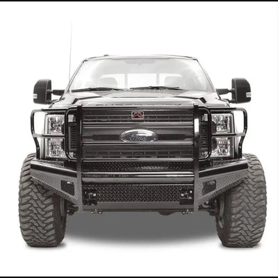 Front view of a Ford F250-550 truck with Fab Fours FS17-S4160-1 Ranch Front Bumper, showcasing rugged and stylish design for enhanced off-road capabilities.
