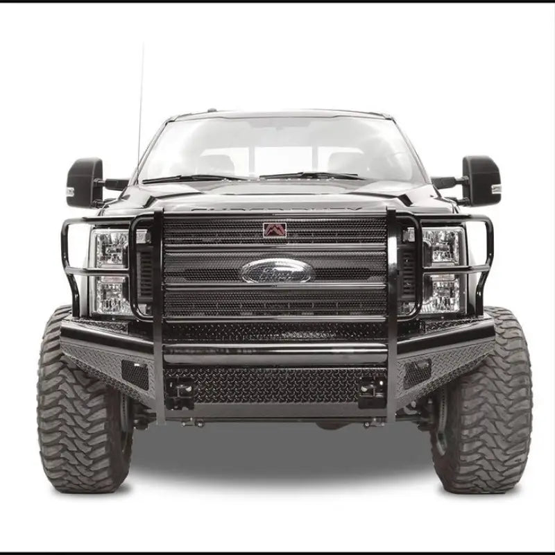 Front view of a Ford F250-550 truck with Fab Fours FS17-S4160-1 Ranch Front Bumper, showcasing rugged and stylish design for enhanced off-road capabilities.