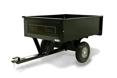 Black utility trailer with durable construction and off-road capabilities, attached to a hitch.