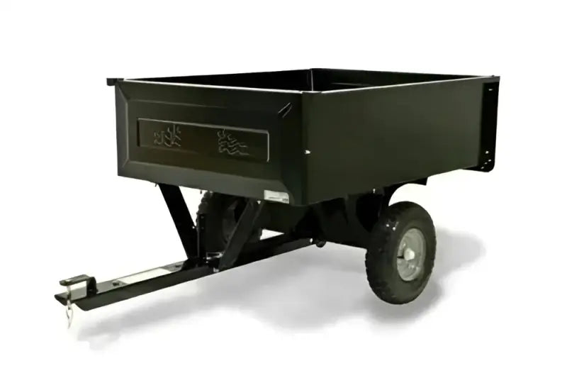 Black utility trailer with durable construction and off-road capabilities, attached to a hitch.