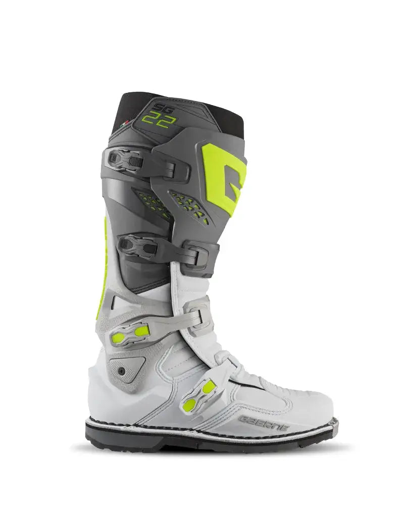 White, grey, and neon yellow Gaerne SG22 boot for motocross racing