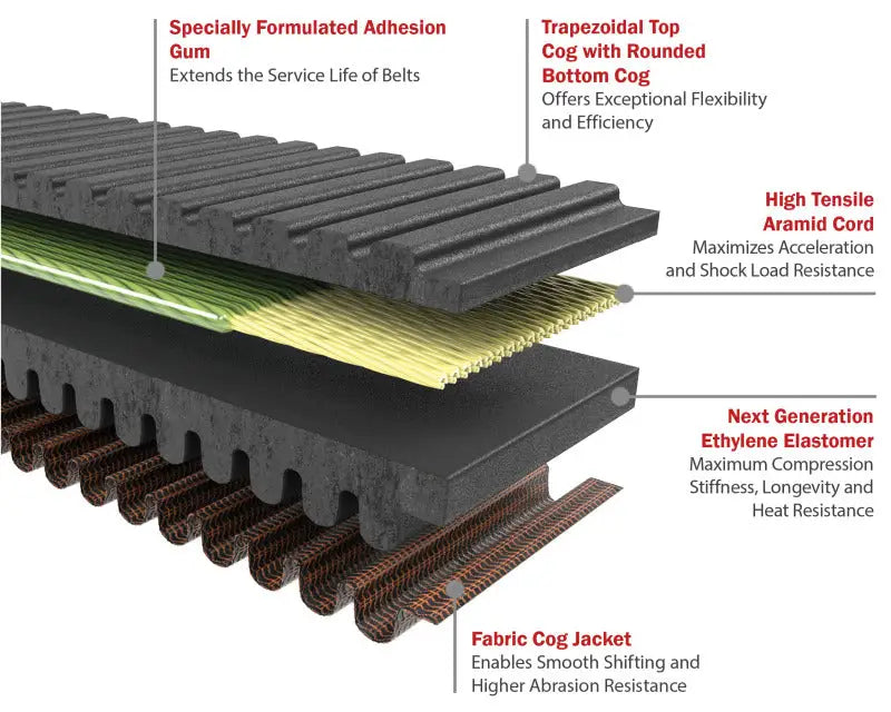 Cutaway view of a multi-layered belt for Polaris Ranger RZR RZR XP 875cc G-Force RedLine CVT belts
