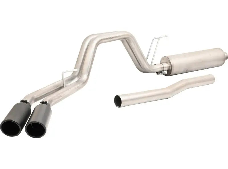 Gibson dual sport exhaust for Ford F250 with 2-inch polished stainless black tips