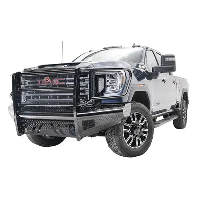 GM20-S5060-1 Fab Fours Black Steel Front installed on a GMC truck, showcasing rugged construction and sleek black finish for enhanced protection and style.
