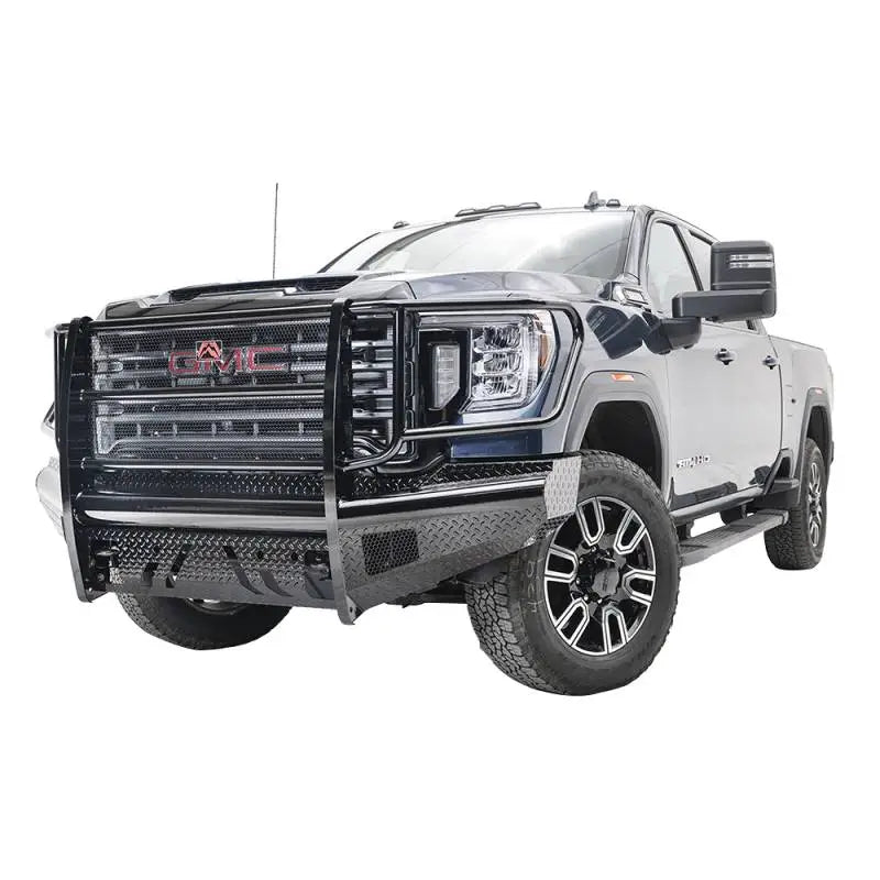 GM20-S5060-1 Fab Fours Black Steel Front installed on a GMC truck, showcasing rugged construction and sleek black finish for enhanced protection and style.