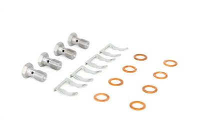 Automotive brake hardware kit with 350z G35 brake lines for G35 brake upgrades