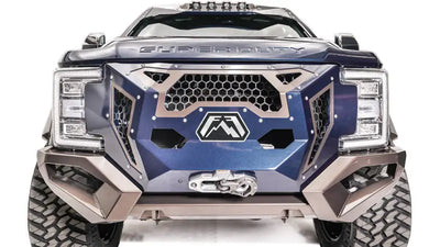 Front view of the Fab Fours GR4100-1 Grumper on a 2017+ Ford Super Duty, showcasing the integrated bumper and grille design.