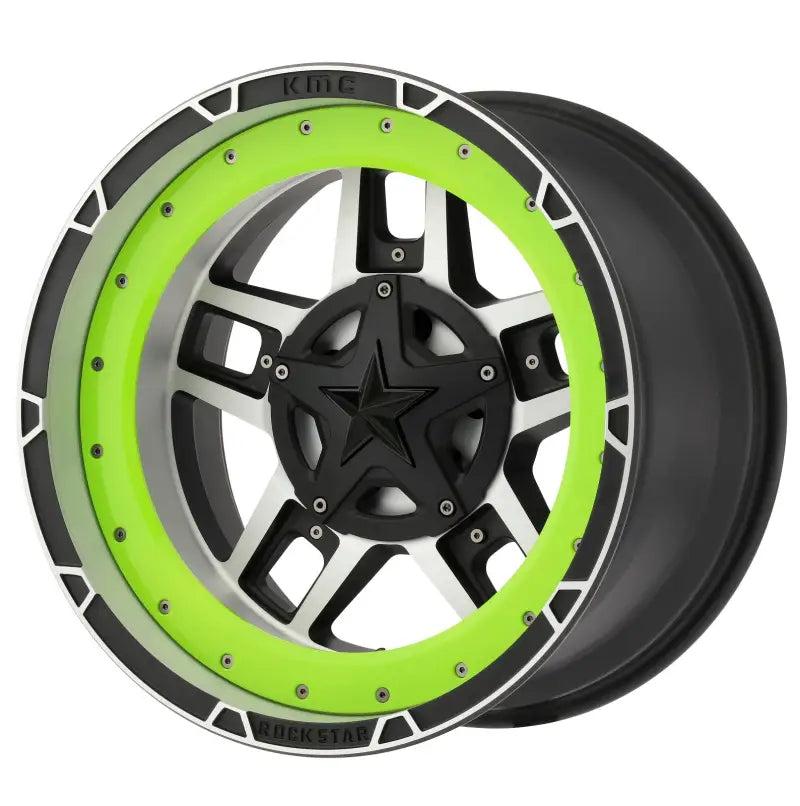 Black and silver wheel with a green rim, perfect 22x10 midspoke Wheel Pros upgrade
