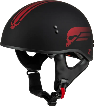 Black matte HH-65 Retribution helmet with red skull designs, perfect retribution helmet style