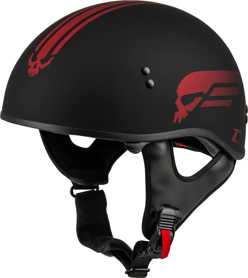 Black HH-65 Retribution Helmet with red skull designs for motorcycle riding style