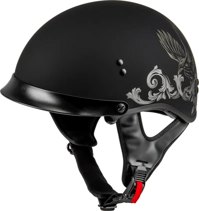 Black matte hh-65 Corvus helmet with eagle design and peak for stylish riding