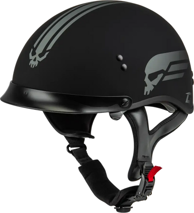 Black motorcycle half helmet with skull graphics, HH-65 Retribution Helmet W/Peak