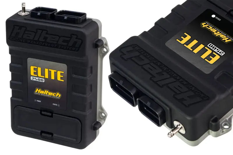 Black and yellow Haltech Elite P500 ECU with dual connectors in harness ECU kit