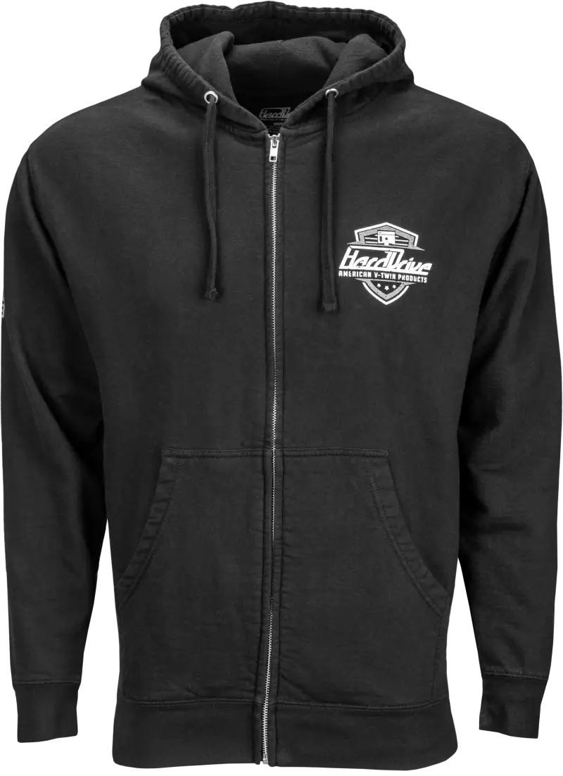 Black zip-up Harddrive Shield Hoodie with white shield logo, shield hoodie black white style