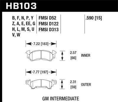Brake pads diagram with dimensions for Camaro super duty stopping power upgrade