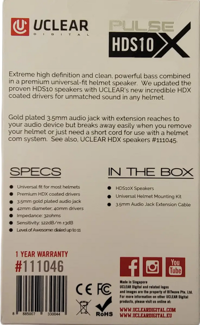 UCLEAR Hds10x Helmet Speakers 40mm Diameter 3.5mm Jack for Powersports