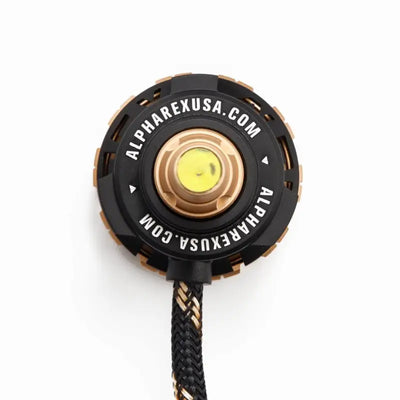 Alpharex Gold Ammo Panoramic LED H11 Headlight Bulb with 12000 RPM high-speed fan and gold anodized zinc alloy housing.