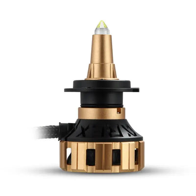AlphaRex Gold Ammo Panoramic LED Headlight Bulb H11; 60 Watt Raw/ 52 Watt Effective; Clear Beam; 5000 Lumens Raw/ 4250 Lumens Effective; 12000 RPM High-Speed Fan; Gold Anodized Zinc Alloy Housing; Set Of 2.