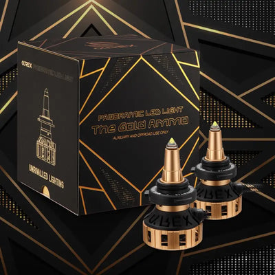 AlphaRex Headlight Bulb H11 Ammo Panoramic LED Bulb, 60W Raw, 52W Effective, Clear Beam, 5000 Lumens Raw, 4250 Lumens Effective, 12000 RPM High-Speed Fan, Gold Anodized Zinc Alloy Housing, Set of 2.