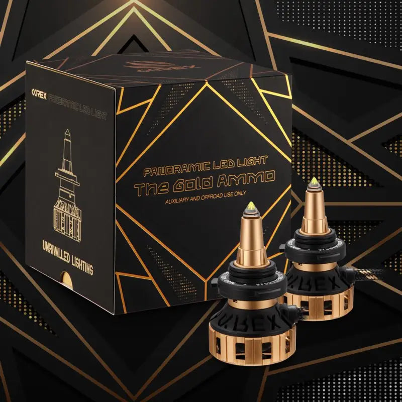 AlphaRex Headlight Bulb H11 Ammo Panoramic LED Bulb, 60W Raw, 52W Effective, Clear Beam, 5000 Lumens Raw, 4250 Lumens Effective, 12000 RPM High-Speed Fan, Gold Anodized Zinc Alloy Housing, Set of 2.