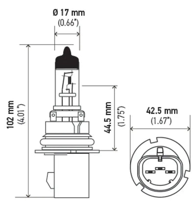 Dimensional drawing of Hella 9007 HB5 12V 55W halogen bulb PX29t for car headlights