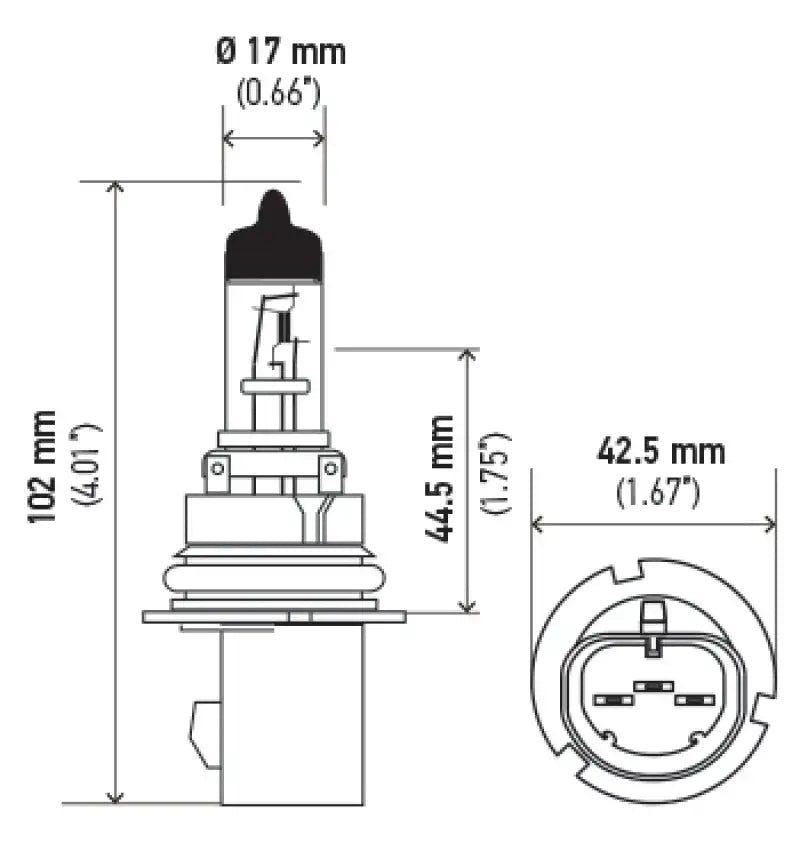Dimensional drawing of Hella 9007 HB5 12V 55W halogen bulb PX29t for car headlights