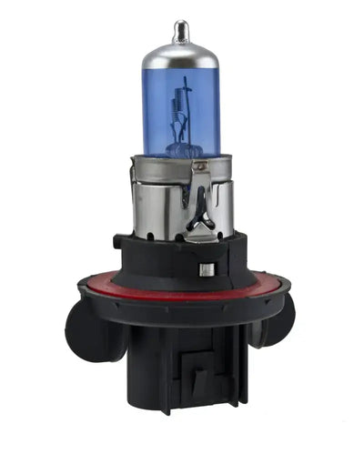 Blue-tinted halogen headlight bulb for Hella Optilux H13 with xenon white bulbs