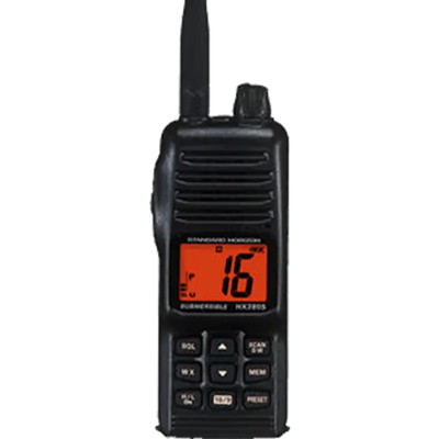 Handheld HX380 Standard VHF-HH 5Watt radio with land mobile channel features, showing digital screen and rugged design.