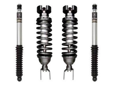 ICON 2019+ Ram 1500 2/4WD .75-2.5in Stage 1 Suspension System components, including 2.5" coilover shocks with internal reservoirs and 2.0 Aluminum Series rear shocks designed for maximum performance and off-road capability.