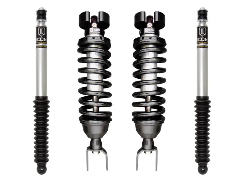 ICON 2019+ Ram 1500 2/4WD .75-2.5in Stage 1 Suspension System components, including 2.5" coilover shocks with internal reservoirs and 2.0 Aluminum Series rear shocks designed for maximum performance and off-road capability.