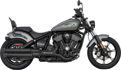 Matte gray Indian cruiser motorcycle with dual exhaust and passenger backrest, perfect for Indian racing slip upgrades