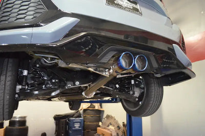 Honda Civic hatchback exhaust system with blue titanium tips for sporty look