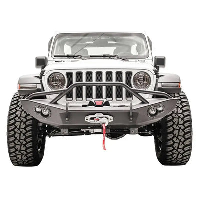 Fab Fours JL18-B4652-1 Lifestyle Winch Bumper with Guard on Jeep, showcasing rugged off-road design and superior protection.