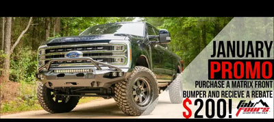 Ford truck equipped with the JL18-X4651-1 Fab Fours JL & JT Matrix Front bumper, highlighting its rugged and sleek design, during a January promo offering a $200 rebate.