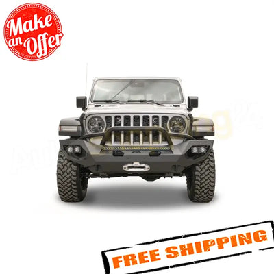 Front view of a Jeep outfitted with the JL18-X4652-1 Fab Fours JL & JT Matrix Pre-Runner bumper, showcasing its rugged design and durable construction, with a "Make an Offer" and "Free Shipping" promotion.