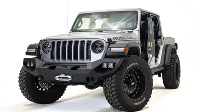 JL18-X4652-1 Fab Fours Jl & Jt Matrix Pre-Runner installed on a rugged Jeep Rubicon, showcasing its durable construction and bold design.