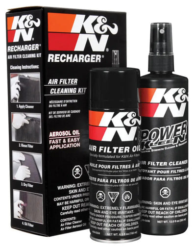 K&N Aerosol Oil Recharger Service Kit for K&N oiled cotton air filters, featuring a 6.5 oz aerosol oil can and a 12 oz Power Kleen air filter cleaner bottle.