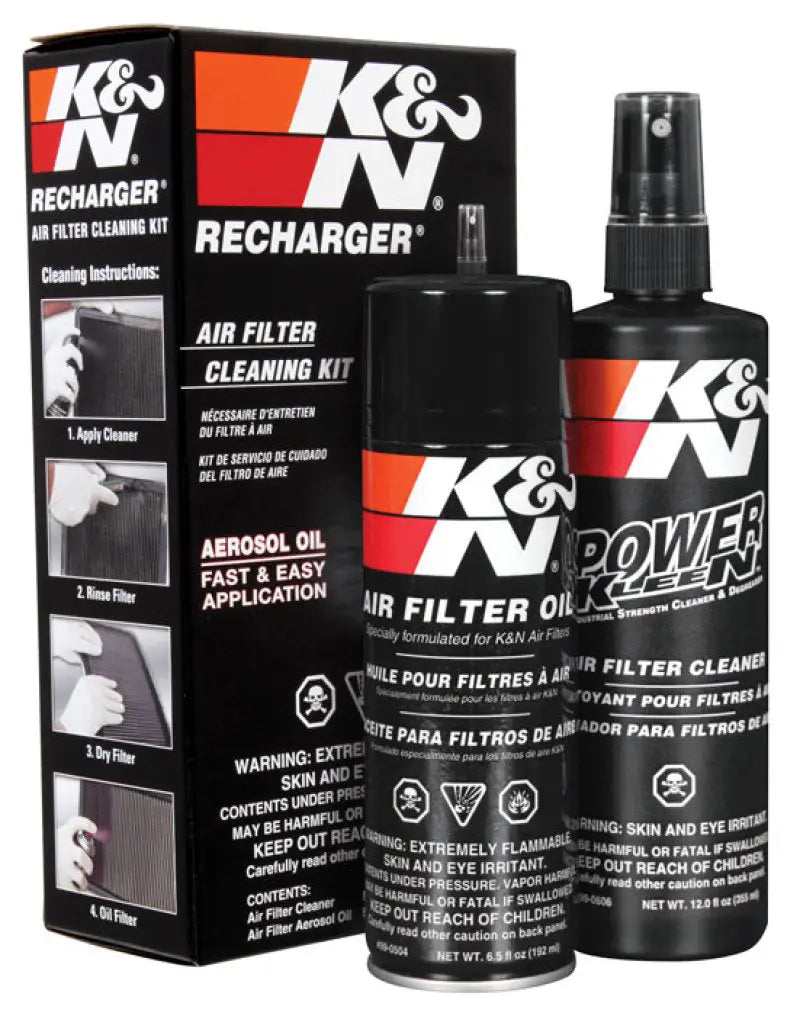 K&N Aerosol Oil Recharger Service Kit for K&N oiled cotton air filters, featuring a 6.5 oz aerosol oil can and a 12 oz Power Kleen air filter cleaner bottle.