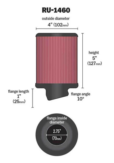 K&N Filter Universal Rubber Filter 2 3/4 inch 10 Degree Flange 4 inch OD 5 inch Height 