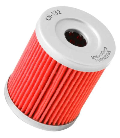 Red and white K&N oil filter for Arctic Cat Suzuki Kawasaki Yamaha, 1.75in OD 2.125in H
