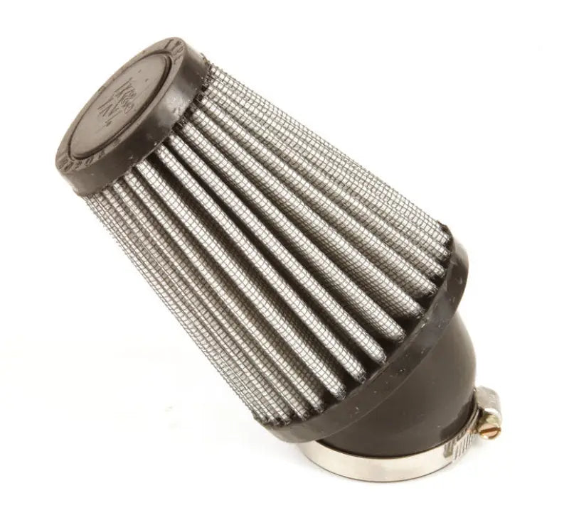 Black and silver air filter with hose clamp.