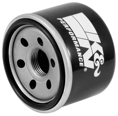 Black and silver K&N Yamaha oil filter with 2.813in OD x 2.469in H size