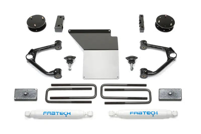 K1059 Fabtech Lift Kit Suspension components including control arms, shocks, brackets, and hardware, designed for durability and improved off-road capability.