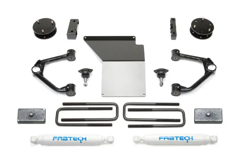 K1059 Fabtech Lift Kit Suspension components including control arms, shocks, brackets, and hardware, designed for durability and improved off-road capability.